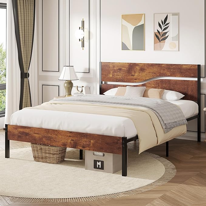 VECELO Full Size Bed Frame with Headboard Wood, Solid and Strong Metal Platform Support, No Box Spring Needed