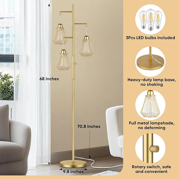 QiMH Industrial Floor Lamps for Living Room, Tree Standing Lamp with Stepless Dimmable, 68" Modern Tall Lamps for Bedroom Study Home Office, Rotary Switch, 3 LED Bulb Included, Gold