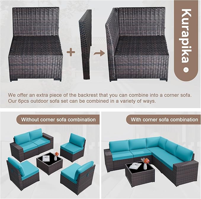 Kurapika 9 Pieces Patio Furniture Set, Rattan Wicker Sofa Set, Outdoor Conversation Sets w/Swivel Rocking Chairs Patio Sectional Sofa w/4 Inch Cushion, Blue