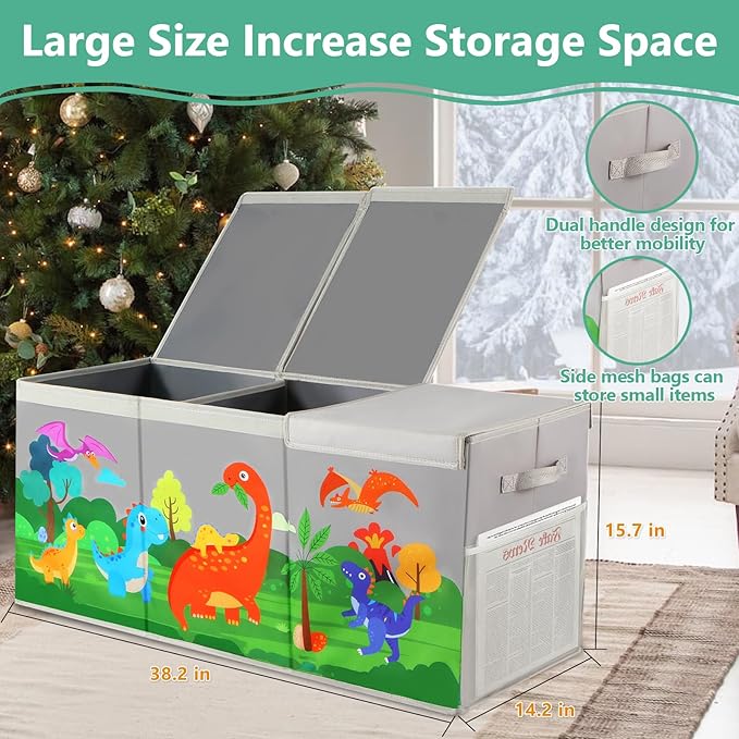 Extra Large Toy Box Chest with Lids, Collapsible Toy Storage Organizer for Kids, Dinosaur Toy Bin Box for Toddlers Boys Girls, Toy Organizer for Living Room Nursery Playroom Bedroom Home Grey