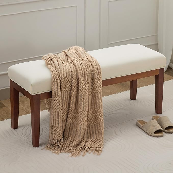 43.5'' Linen Bedroom Bench, Upholstered End of Bed Bench, Padded Vintage Dining Bench, Entryway Bench with Solid Wood Legs, Kitchen, Living Room, Hallway, White