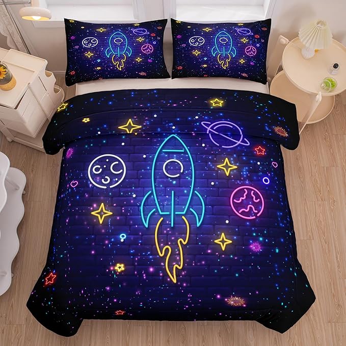 Tailor Shop Space Bedding Full Size Comforter Sets Twin Comforter Set for Kids Boys Galaxy Bedding with 2 Pillowcase……