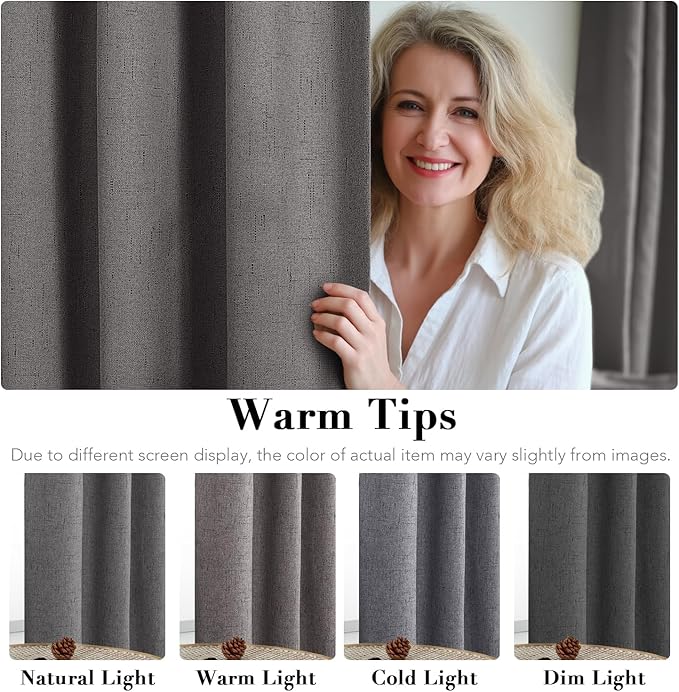 H.VERSAILTEX Linen Blackout Curtains 63 Inches Long 100% Absolutely Blackout Thermal Insulated Textured Linen Look Curtain Draperies Anti-Rust Grommet, Energy Saving with White Liner, 2 Panels, Grey