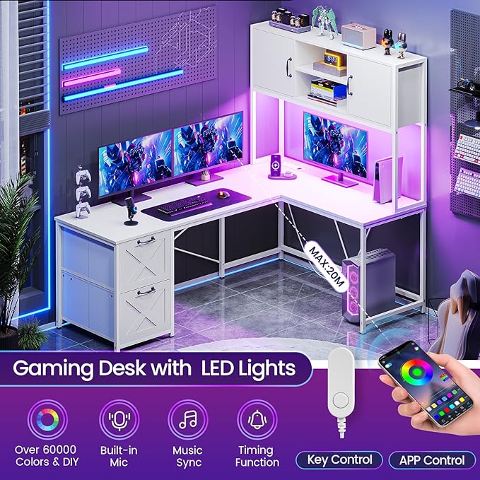 SEDETA White L Shaped Office Desk, Farmhouse Home Office Desk with Fabric File Drawers and Power Outlet, Corner Gaming Desk with LED Lights, Hutch and Storage Shelves