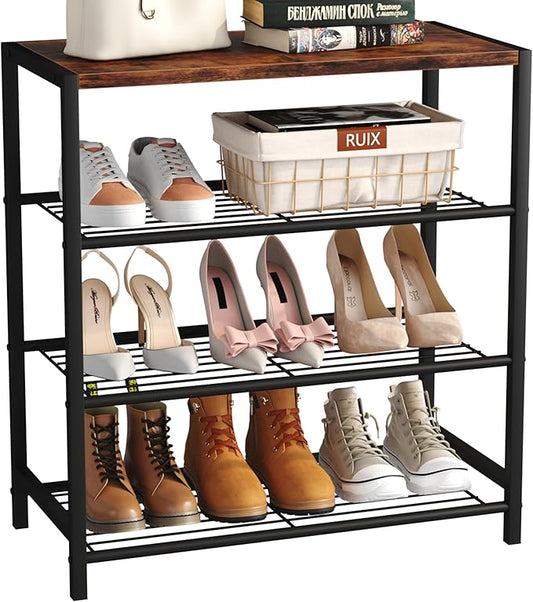 Yusong Shoe Rack Organizer, 4 Tier Industrial Shoe Storage Shelf, Narrow Sturdy Metal Shoe Shelves for Closet Entryway, Rustic Brown
