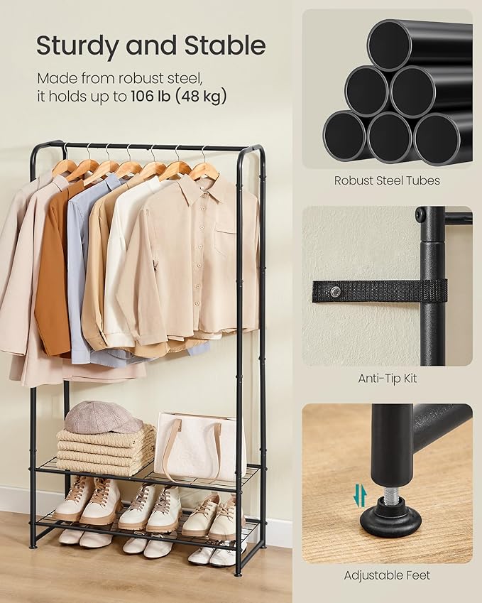 SONGMICS Wardrobe Closet, 28.7 Inch Large Portable Closet, Clothes Rack for Hanging Clothes,Heavy Duty Garment Rack, Storage Organizer with Shelves, 28.7 x 11.4 x 62.4 Inches, Black ULGR461B01