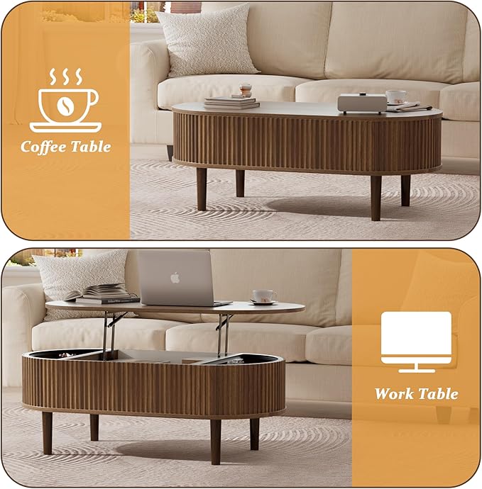 EAG Fluted Lift Top Coffee Table with Hidden Compartment, Modern Oval Coffee Table with Storage, Fully Wood Center Table for Living Room, Office, Walnut