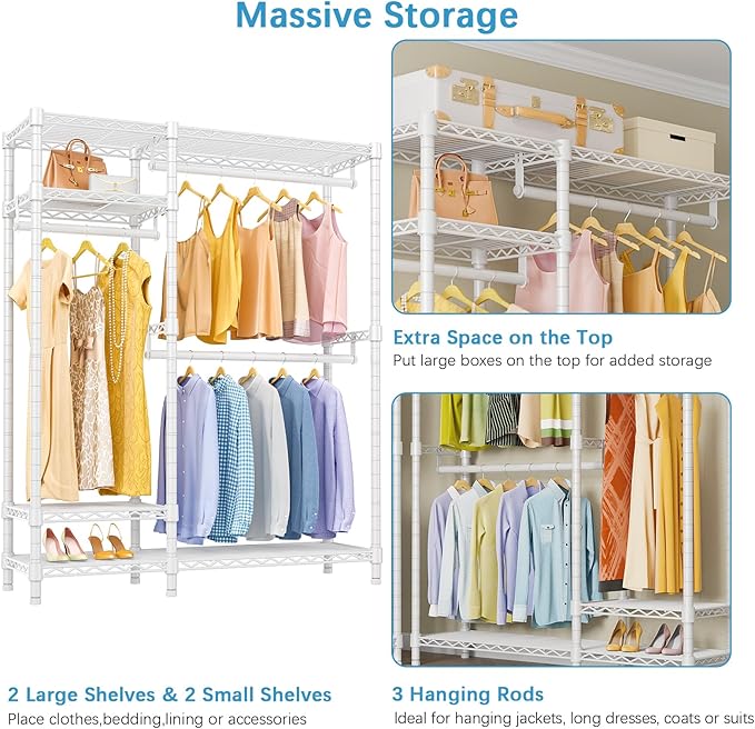 VIPEK V2 Garment Rack Metal Clothing Racks for Hanging Clothes with 4 Tiers Wire Shelving & 3 Hanging Rods, Free Standing Closet Wardrobe, 45" L x 16.5" W x 76.4" H, Max Load 700LBS, White