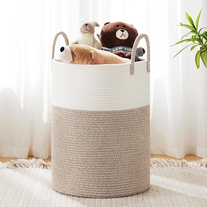 Woven Rope Laundry Hamper Basket, 72L Tall Luandry Basket, Baby Nursery Hamper for Blanket Storage in Bedroom-Large-Brown