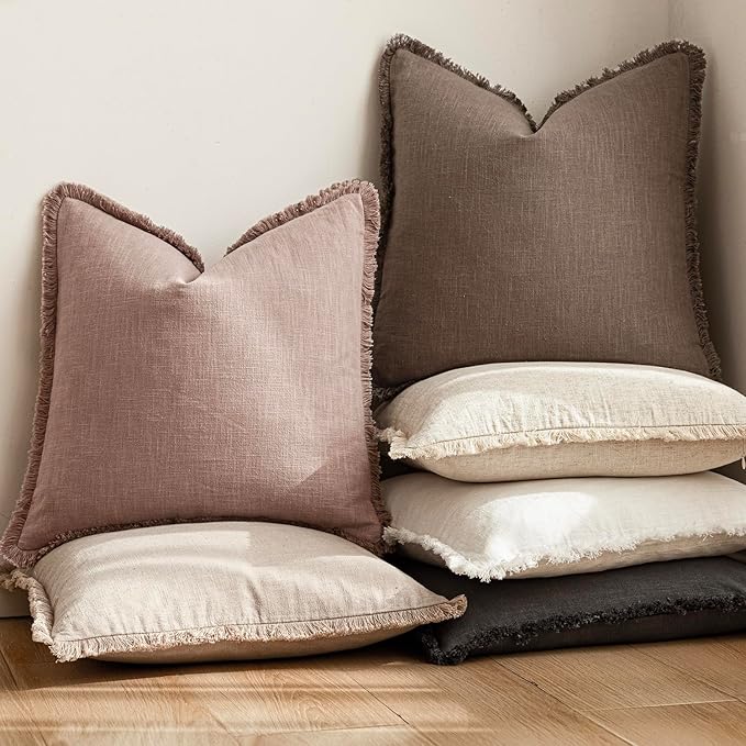 Foindtower Set of 2 Decorative Linen Fringe Lumbar Throw Pillow Covers Farmhouse Cushion Cover with Tassels Soft Accent Pillowcase for Couch Sofa Bed Living Room Home Decor,12×24 Inch,Dusty Pink