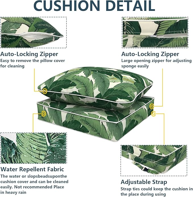 Outdoor Deep Seat Cushions Set 24 x 24 Inch for Patio Furniture,Water Resistant Chair Cushions Replacement Includes Seat Cushion & Back Pillow for Sofa, Wicker Chair - Swaying Palms Green