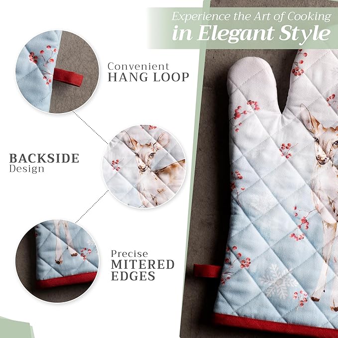 Maison d' Hermine 100% Cotton Oven Mitt & Pot Holder Set (7.5"x13" & 8"x8") Heat Resistant BBQ Cooking Gloves with Loop for Thanksgiving Christmas Decorations Handling Hot Pans (Fairy Tale Forest)
