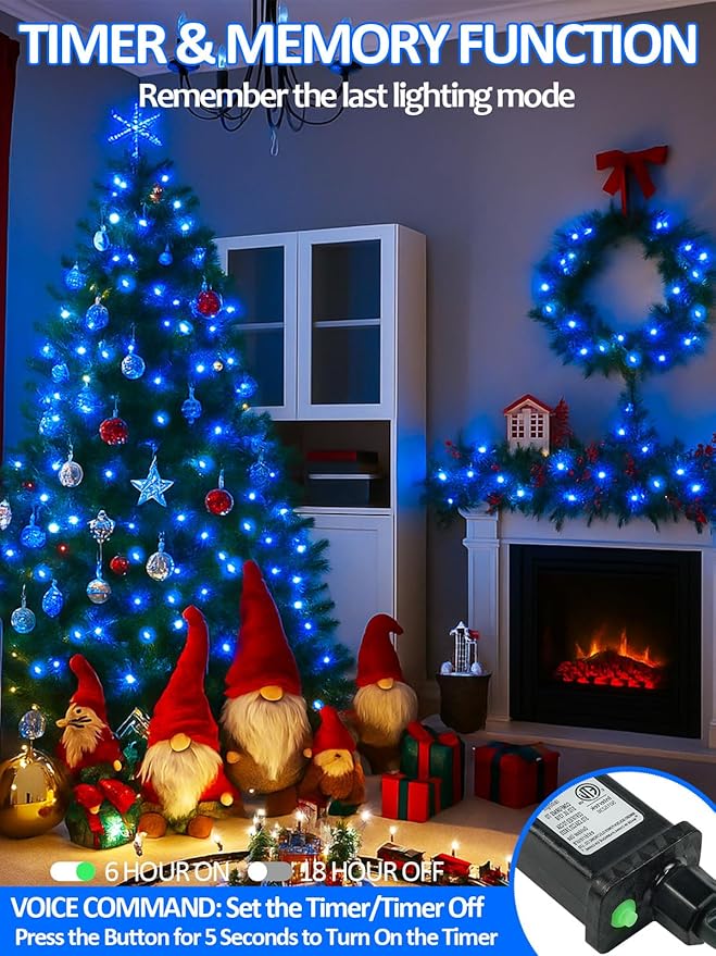 Voice Controlled Smart Christmas Lights Outdoor, 75.8ft 200 LED Extendable String Lights with 7 Voice Commands, 12 Modes & Timer, Waterproof Christmas Decorations for Party Tree Garden (Blue)