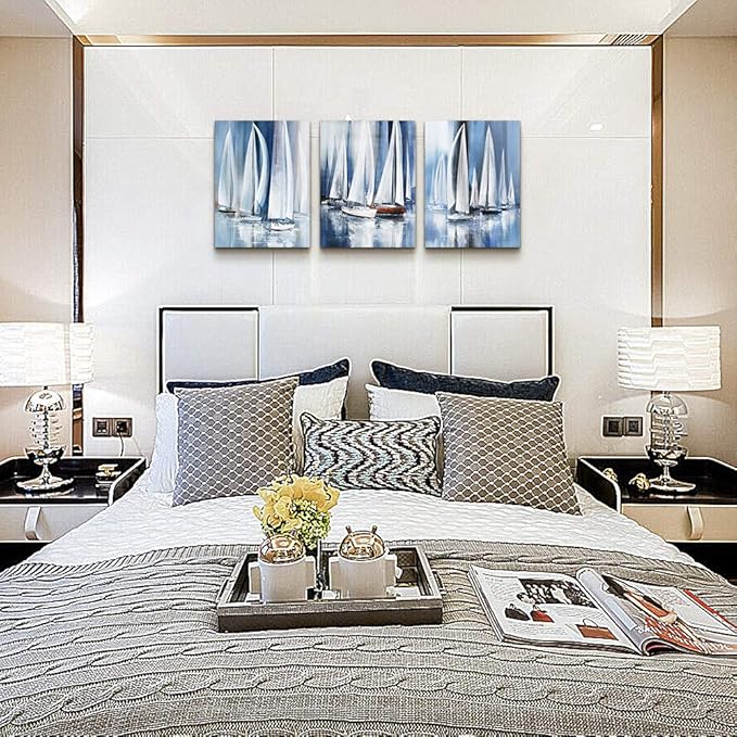 3 Piece Framed canvas wall art for living room bathroom bedroom Wall Art Decor Ocean landscape sailboat abstract Canvas painting Ready to Hang Office Home Decoration sea poster Pictures Wall Artworks
