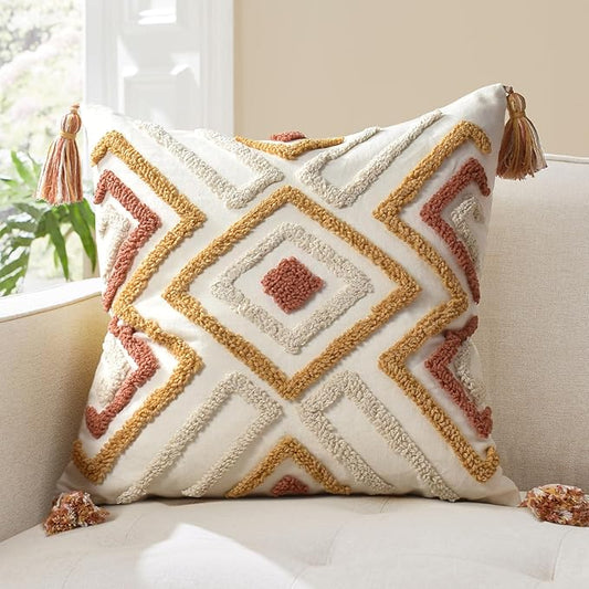 Boho Pillow Covers 18X18 Inch Boho Tufted Throw Pillow Covers Decorative Tassels Cushion Cover Farmhouse Pillow Case for Couch Sofa Bed Living Room Bedroom, Rust