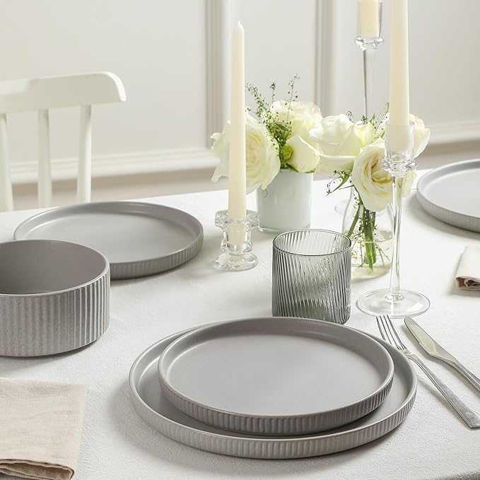 Stone Lain Haven Stoneware 32-Piece Dinnerware Set, Plates and Bowls Sets for 8, Grey Dish Set, Includes Dinner and Salad Plates, Cereal Bowls, Glassware, Microwave & Dishwasher Safe