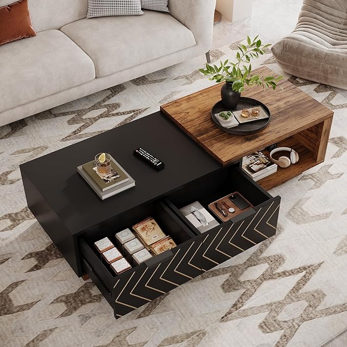 Tribesigns Extendable Coffee Table with 2 Storage Drawers, Dual-Tone Center Table with Sliding Tabletop, Multi-Functional Hidden Storage Wooden Rectangle Cocktail Table for Living Room (Brown & Black)