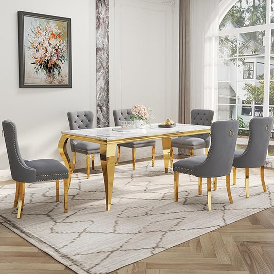 7-Piece Dining Table Set for 6, Faux Marble Dining Table Set with 70'' Marble Dinner Table and 6 Velvet Wing Back Chairs for Kitchen, Dining Room, Gray & Gold