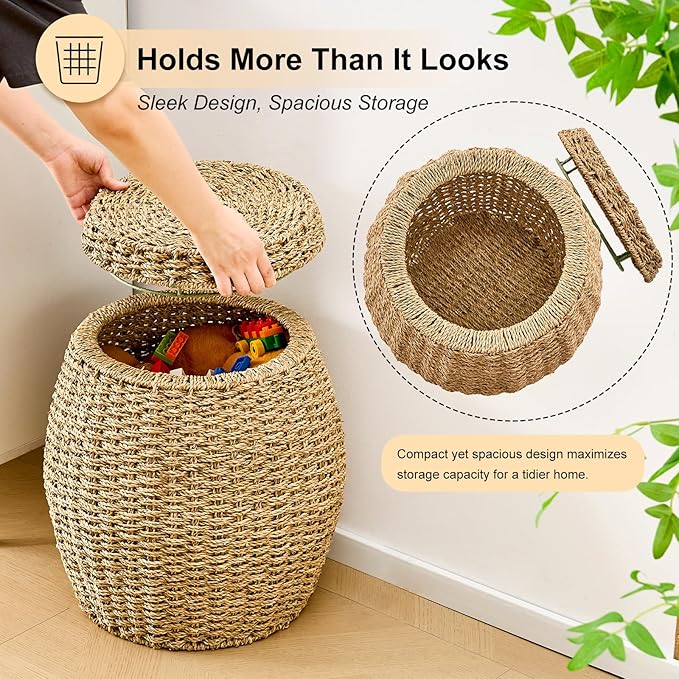 Round Wicker Basket with Lid, Handwoven Seagrass Storage Basket, Blanket Organizer Basket for Laundry, Bathroom, Bedroom, Living Room, Office