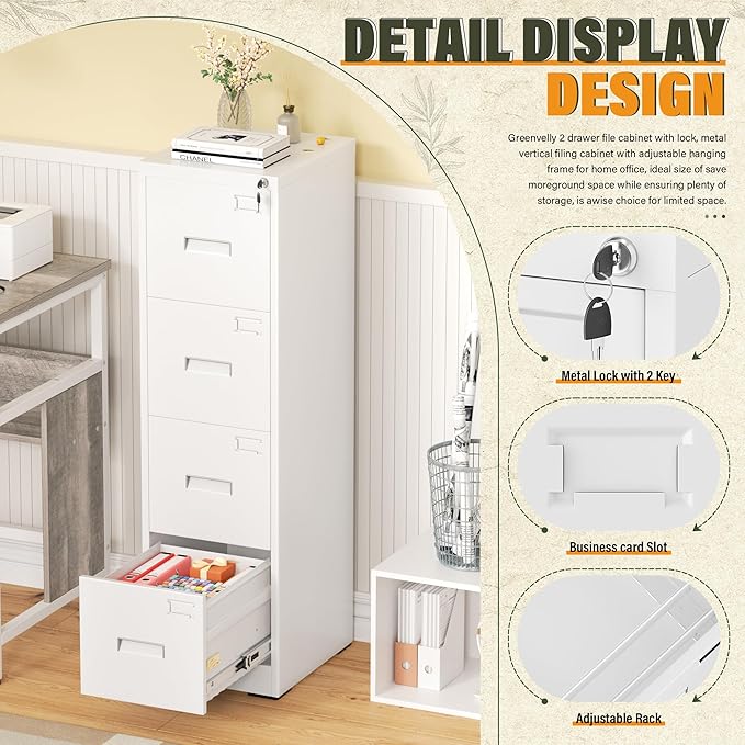 Greenvelly 4 Drawer File Cabinet with Lock, White Metal Vertical Filing Cabinet for Home Office Fit Legal/Letter/A4/F4 Size with Hanging Bars&Key
