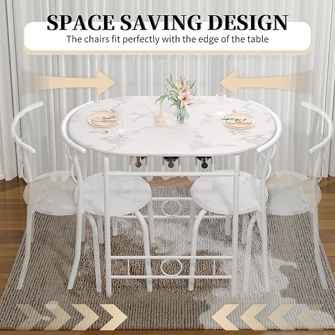 VECELO 3-Piece Dining Table Set for Kitchen Breakfast Nook, Faux Marbled Oval Tabletop and Metal Frame with Built-in Wine Rack, for Small Spaces, White