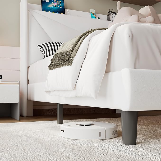 iPormis Twin Size Bed Frame with Charging Station, Velvet Platform Bed Frame with Wingback Headboard Upholstered Bedframe, Solid Wood Slats Support, No Box Spring Needed, Easy Assembly, White