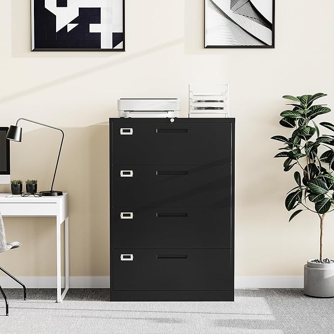 Lateral Filing Cabinet,4 Drawer File Cabinet with Lock,Office Lateral File Cabinets for Legal/Letter A4 Size,Require Assembly, Black