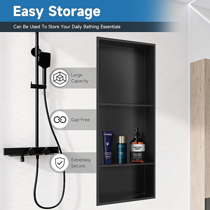 30" X 12" Stainless Steel Shower Niche Insert Tile Ready, Niche for Shower Wall, 3-Tier Recessed Shelves No Tile Needed for Bathroom Storage, Matte Black