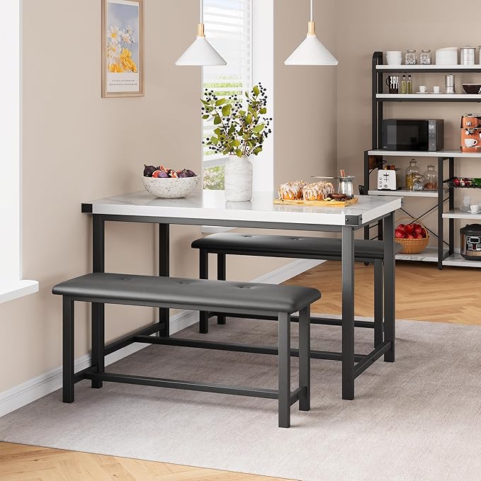 Dining Table Set for 4, Dining Room Table Set with 2 Upholstered Benches, Small Kitchen Table Set, 3 Piece Farmhouse Rectangular Dining Room Table Set, Space Saving Dining Table for Apartment