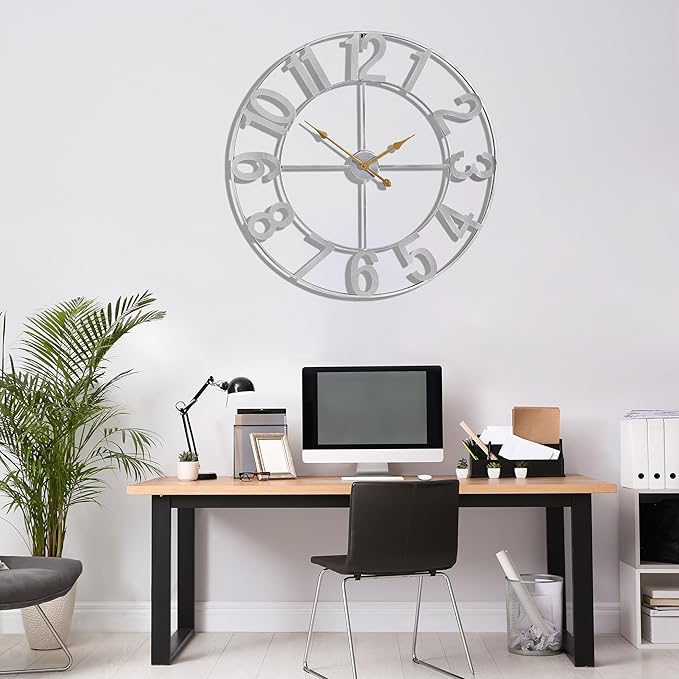 Sorbus 32-Inch Large Wall Clock – Decorative Silver Metal Clock with Gold Hands – Silent, Battery Operated, Modern Wall Decor for Living Room, Kitchen, or Office, Great Gift for Housewarming or Office