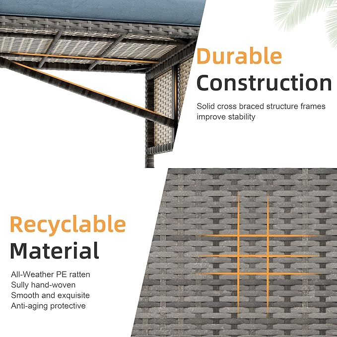 Shintenchi Outdoor Patio Furniture Sets, Wicker Patio sectional Sets 3-Piece, All Weather Wicker Rattan Patio Seating Sofas with Glass Coffee Table and Cushion (Blue Grey)