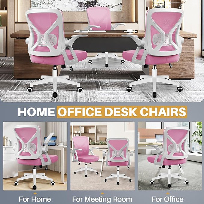 FelixKing Office Chair - Ergonomic Desk Chair Breathable Mesh Task Chair with Wheels and Lumbar Support Home Desk Office Chair with Flip up Armrest Rolling Swivel Computer Chair for Home Office Pink