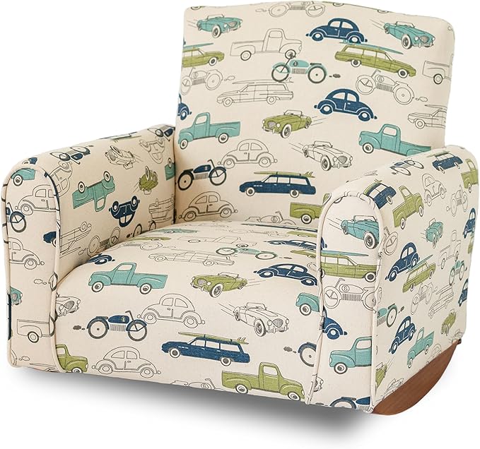 Kid Rocking Chair for Toddlers, Child Chair for Little Kids, Upholstered Toddler Armchair for Children, Comfy and Cute Little Kid Chairs (Rockers, Cars & Trucks Print)