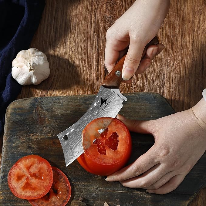 Kitchen Utility Knife, 4.3 Inch - Damascus Steel Carving Knife with Leather Scabbard, Ergonomic Full Tang Handle for Home Kitchen Cooking Outdoor Camping BBQ