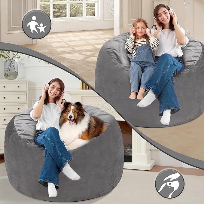 Homguava 3FT Bean Bag Chair: 3' Bean Bags with Memory Foam Filled, Large Beanbag Chairs Soft Sofa with Dutch Velet Cover-Light Grey