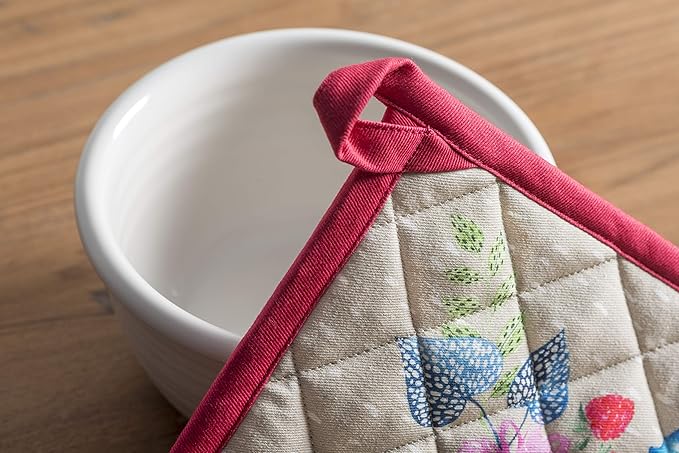 Maison d' Hermine 100% Cotton Oven Mitt & Pot Holder Set (7.5"x13" & 8"x8") Heat Resistant BBQ Cooking Gloves with Loop, Baking, Grilling, Kitchen, Handling Hot Pans Spring/Summer (Jardin D'Ete - Fog)