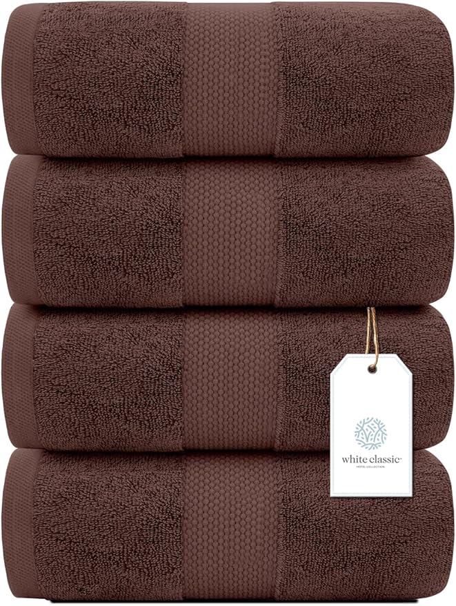White Classic Luxury Bath Towels Set of 4 Large - 700 GSM Cotton Ultra Soft Bath Towels 27x54 | Highly Absorbent and Quick Dry | Hotel Towels for Bathroom Luxury, Plush Shower Towels, Brown