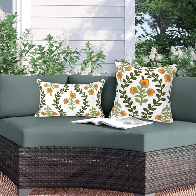 Alysheer Floral Embroidered Summer Decorative Throw Pillow Covers 18"x 18" Set of 2, Farmhouse Cottage Orange Flowers Green Leaves Knit Patterned Cotton Canvas Cushion Case for Couch Bed Living Room