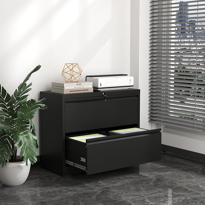 Lateral File Cabinet with Lock,2 Drawer Metal Filing Cabinets, Home Office Storage Cabinet for Hanging Files Letter/Legal/F4/A4 (Black)