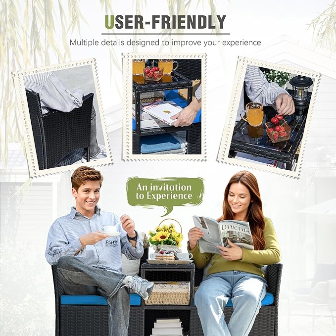 Greesum Patio Loveseat Outdoor Wicker Furniture Conversation Set with Soft Cushions & Built-in Coffee Table for Lawn Garden Backyard, Blue