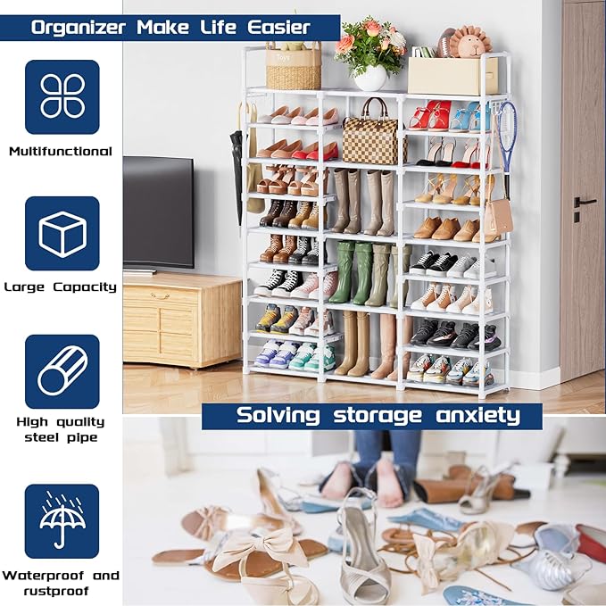 Mavivegue 9 Tiers Shoe Rack Tall Shoe Organizer Shoe Storage 50-55 Pairs Vertical Shoe Shelf Large Shoe Rack Organizer Stackable Shoe Racks for Entryway, Closet, Garage, Bedroom,Cloakroom - White