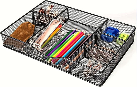 Desk Drawer Organizer Tray, Metal Mesh Drawer Organizers Office, 6 Adjustable Compartment, Desk Organizer Tray for Home Office 12.87L x 8.73D x 1.96H inch, Black, 1PC Medium