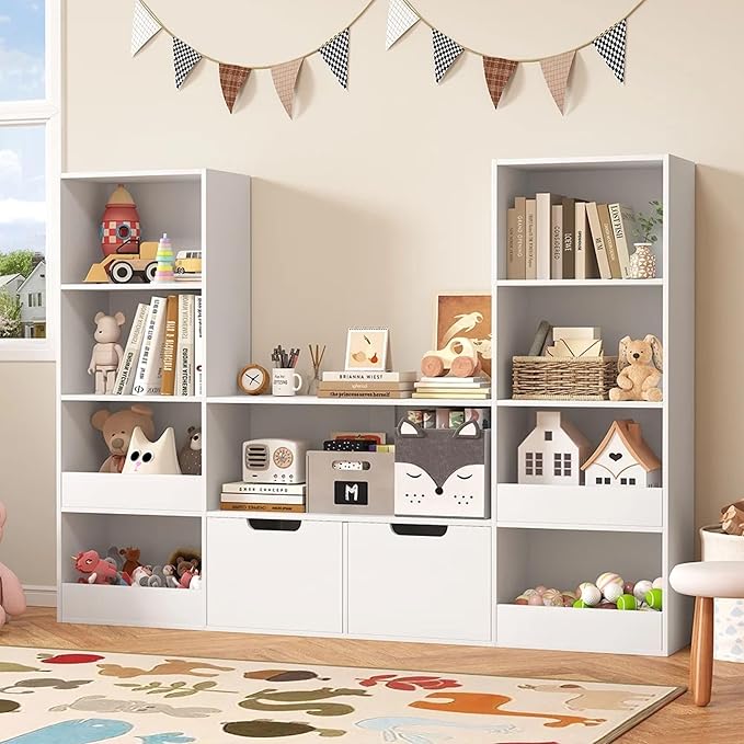 4 Tier Kids Bookshelf and Toys Storage Organizer - Bookcase for Kids Room,9 Cube Toys Bookshelf with 2 Drawers,Book Shelf for Living Room Nursery for Children, Toddlers, Gifts,White