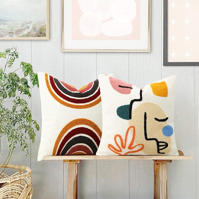 Merrycolor Boho Abstract Pillow Covers Colorful Woman Face Line Cute Pillow Cases Mid Century Aesthetic Modern Boho Pillows Decorative Throw Pillows for Bed Couch Living Room,1PC