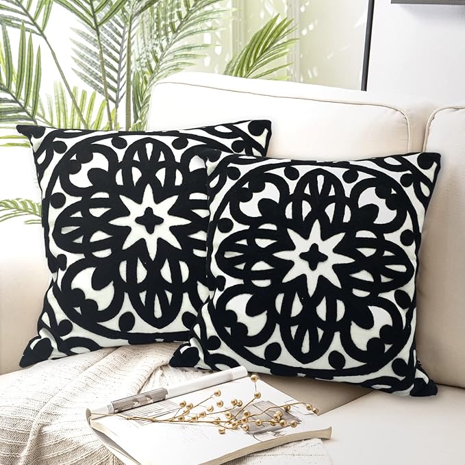 Alysheer Embroidered Decorative Throw Pillow Covers 18"x18" Set of 2 Pieces, Classic Boho Mandala Knit Pattern, Durable 100% Cotton Canvas Cozy Cushion Cases for Sofa Couch Living Room (Black)