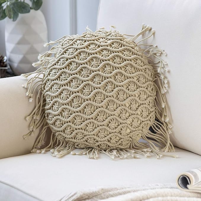 Phantoscope 100% Cotton Handmade Crochet Woven Boho Throw Pillow with Tassel Cute Farmhouse Pillow Insert Included Lumbar Small Decorative Cushion for Couch Sofa, Beige,16 inches Round