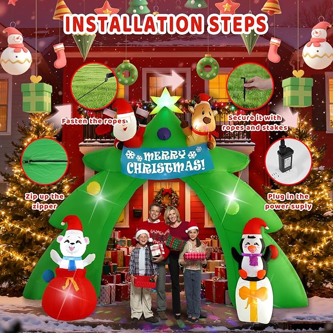 12FT Christmas Tree Arch Inflatable Decoration, Built-in LED Lights and Rotating Colored Lights, Suitable for Christmas Lawns, Gardens, Courtyards Outdoor Inflatable Decoration