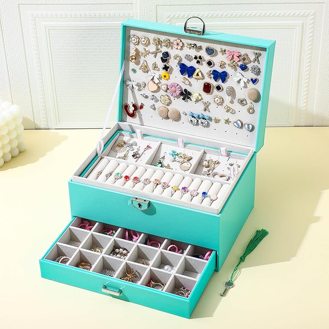 BOOVO Earring Jewelry Box For Women Girl Stud Organizer, 5 Layers Girl Jewelry Organizer Box With Lock Earring Holder Organizer Necklace Ring Jewelry Organizer Box For Girls (Turquoise Blue)