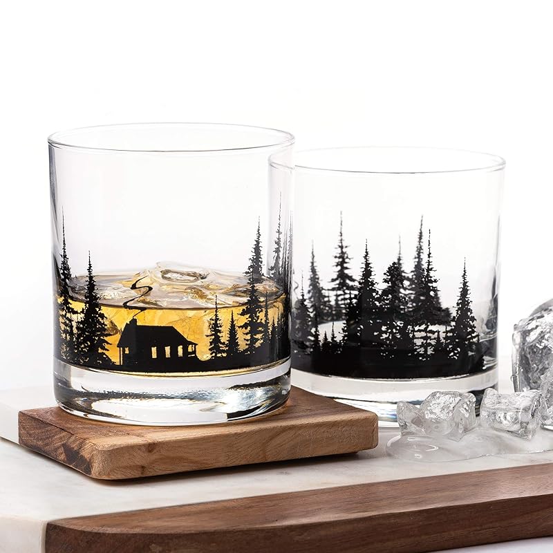 Cabin in the Forest Whiskey Glass Set by Black Lantern – Set of 2 11oz Old Fashioned Cocktail Glasses with Gift Box