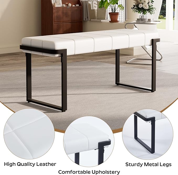 Upholstered Dining Bench, 44.29 Inch Leather Upholstered Bedroom Benches, Entryway Bench for Living Room Kitchen Dining Room(White&Black)